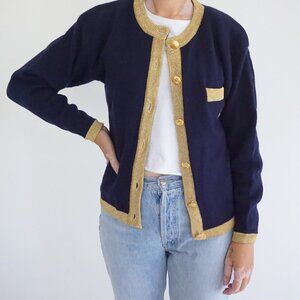 Vintage The Eagle’s Eye Navy Gold Trim 38% Wool Knit Military Cardigan Jacket M